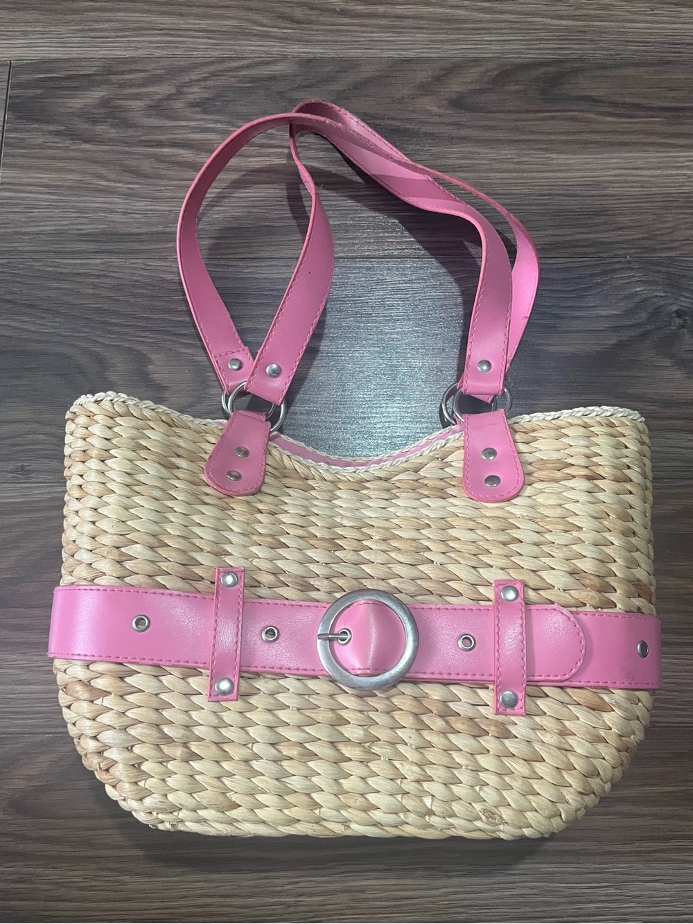 Rachel Pink-Trim Woven Straw Tote